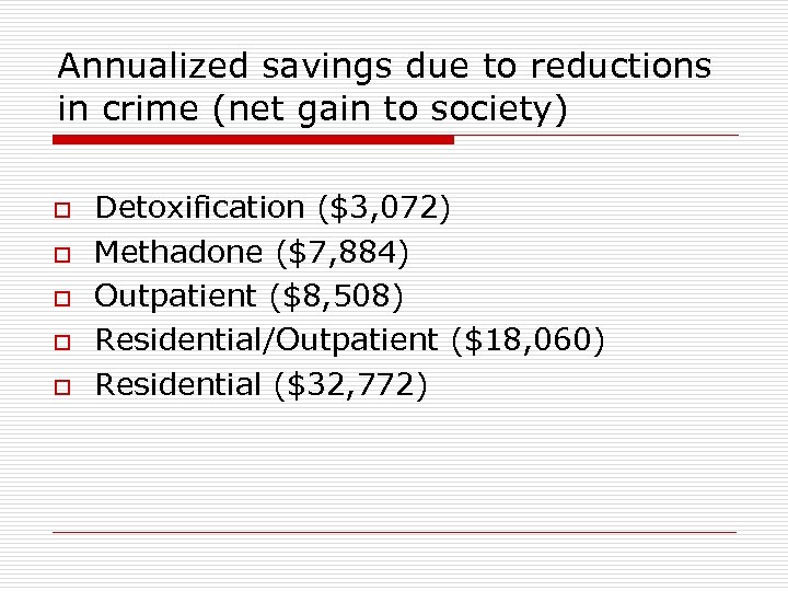 Annualized savings due to reductions in crime (net gain to society) o o o