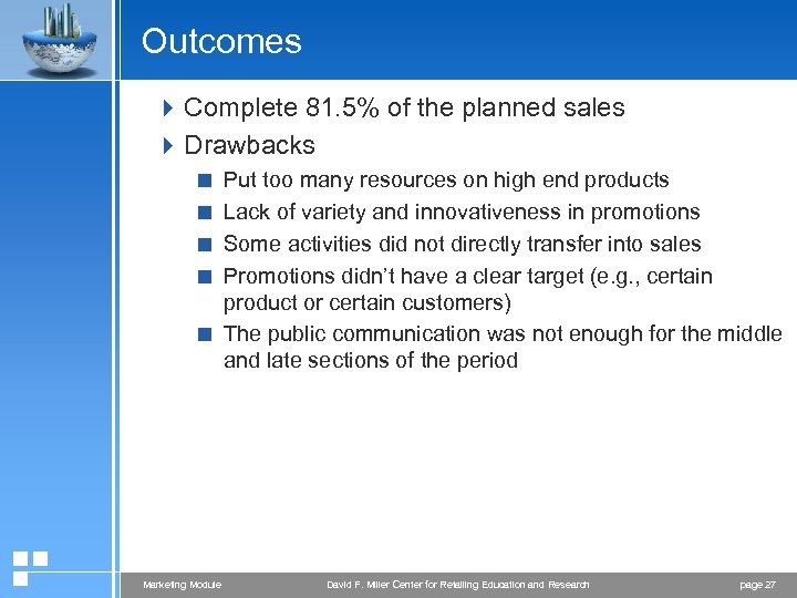 Outcomes 4 Complete 81. 5% of the planned sales 4 Drawbacks < Put too