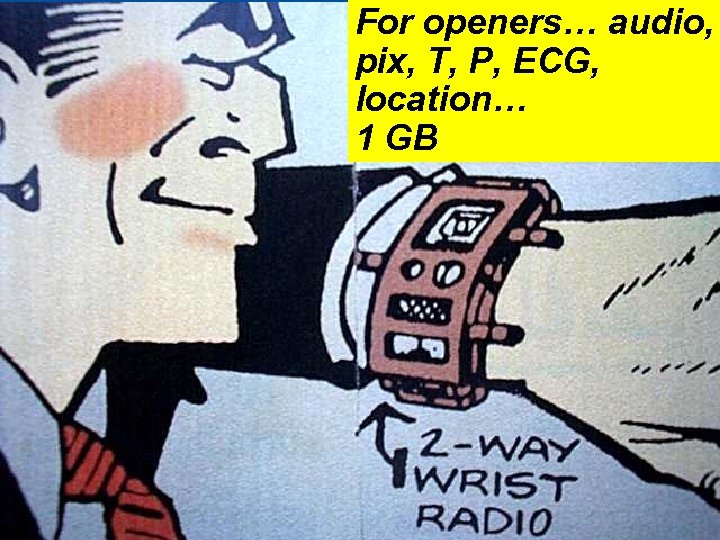 For openers… audio, pix, T, P, ECG, location… 1 GB 1998 Bellcore Forum 