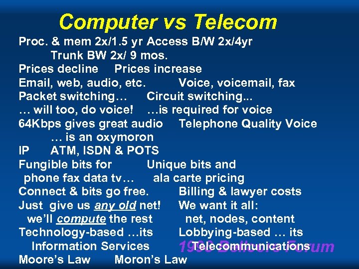 Computer vs Telecom Proc. & mem 2 x/1. 5 yr Access B/W 2 x/4