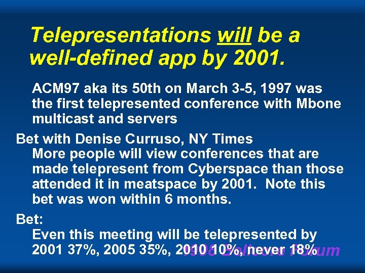 Telepresentations will be a well-defined app by 2001. ACM 97 aka its 50 th