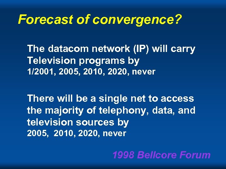 Forecast of convergence? The datacom network (IP) will carry Television programs by 1/2001, 2005,