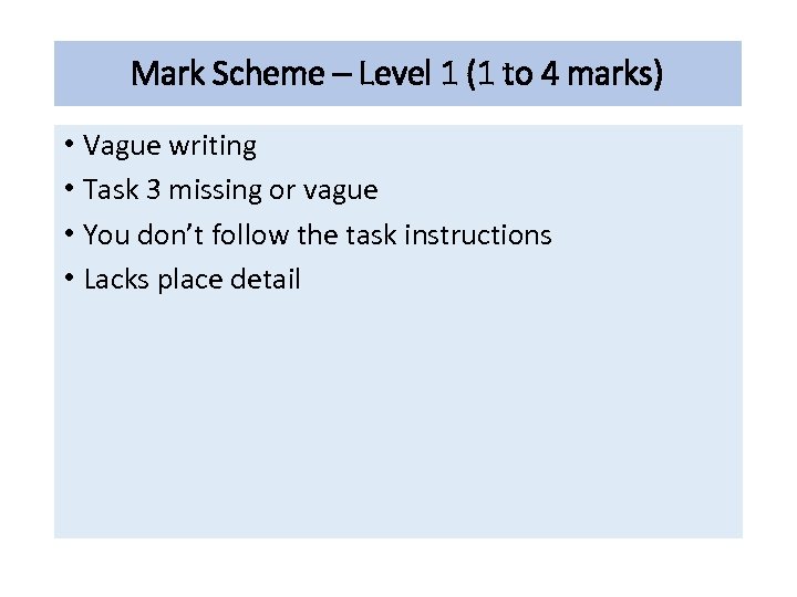 Mark Scheme – Level 1 (1 to 4 marks) • Vague writing • Task