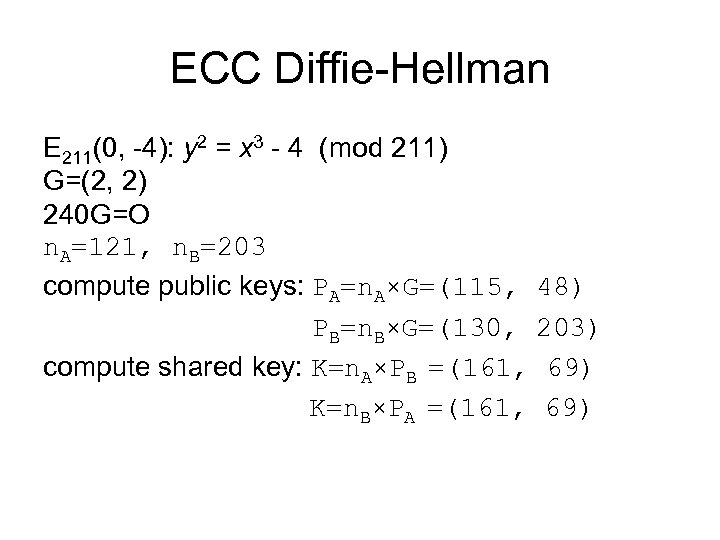 ECC Diffie-Hellman E 211(0, -4): y 2 = x 3 - 4 (mod 211)