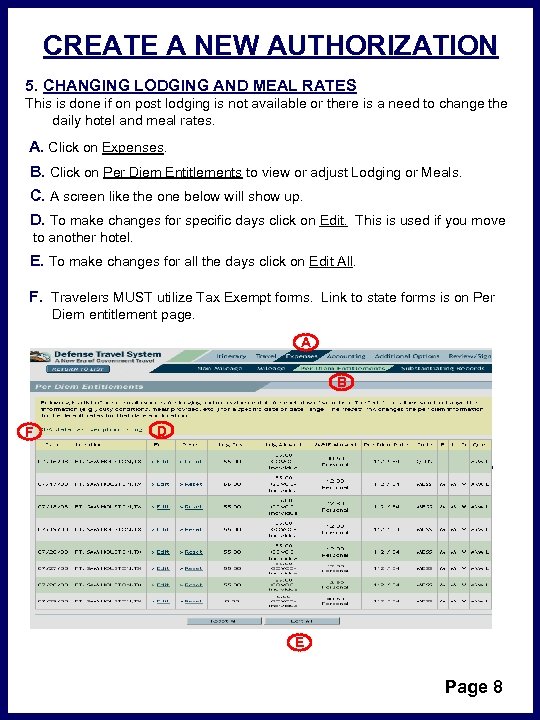 CREATE A NEW AUTHORIZATION 5. CHANGING LODGING AND MEAL RATES This is done if