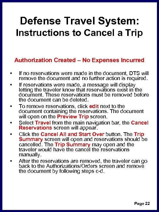 Defense Travel System: Instructions to Cancel a Trip Authorization Created – No Expenses Incurred