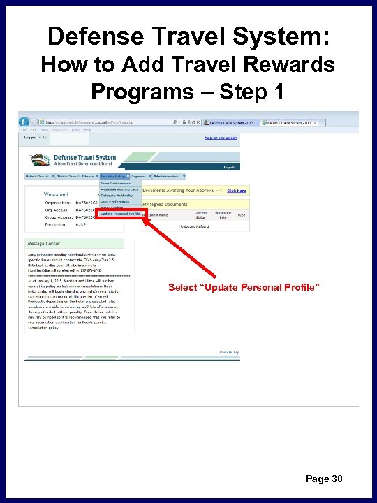 Defense Travel System: How to Add Travel Rewards Programs – Step 1 Select “Update