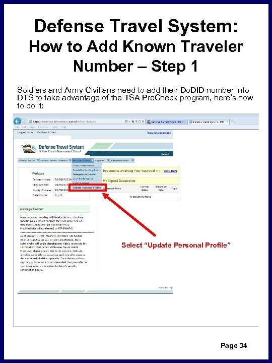 Defense Travel System: How to Add Known Traveler Number – Step 1 Soldiers and