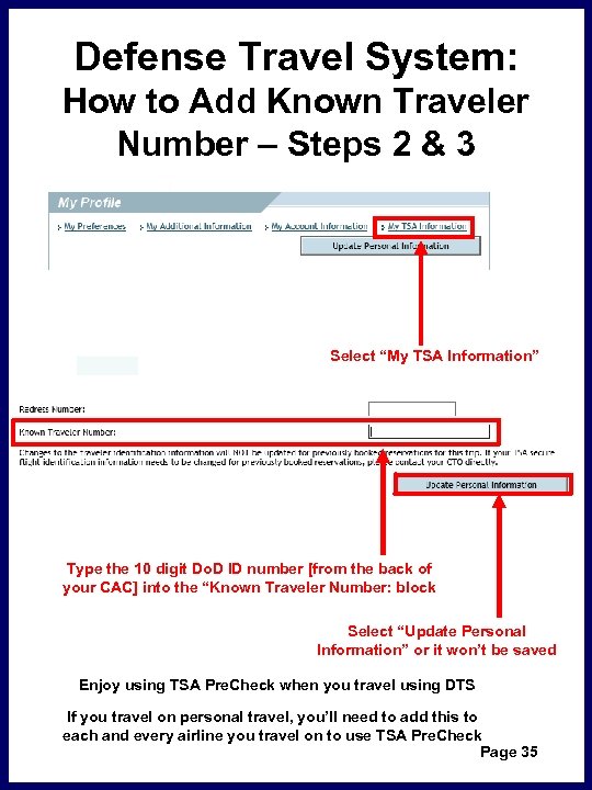 Defense Travel System: How to Add Known Traveler Number – Steps 2 & 3