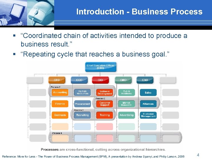 Introduction - Business Process § “Coordinated chain of activities intended to produce a business