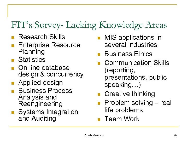 FIT’s Survey- Lacking Knowledge Areas n n n n Research Skills Enterprise Resource Planning