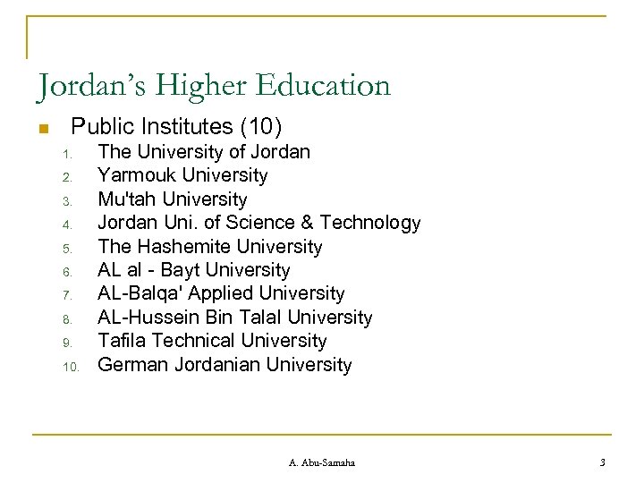 Jordan’s Higher Education n Public Institutes (10) 1. 2. 3. 4. 5. 6. 7.