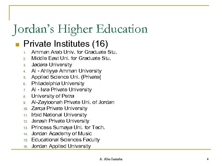 Jordan’s Higher Education n Private Institutes (16) 1. 2. 3. 4. 5. 6. 7.