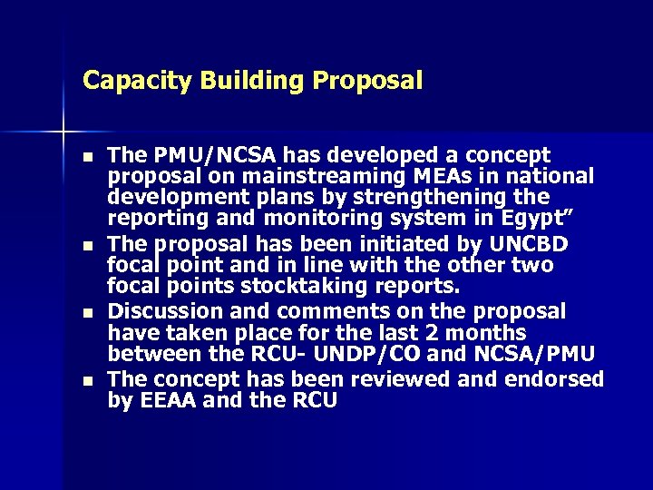 Capacity Building Proposal n n The PMU/NCSA has developed a concept proposal on mainstreaming