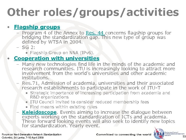 Other roles/groups/activities • Flagship groups – Program 4 of the Annex to Res. 44
