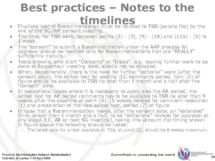 • • Best practices – Notes to the timelines Finalized text of Recommendation