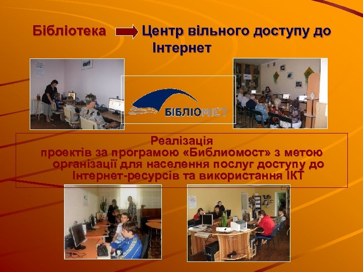 Бібліотека Центр вільного доступу до Інтернет Реалізація проектів за програмою «Библиомост» з метою організації