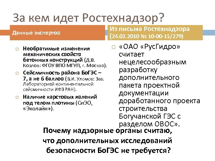 За кем идет Ростехнадзор? Данные экспертов Из письма Ростехнадзора (24. 02. 2010 № 10