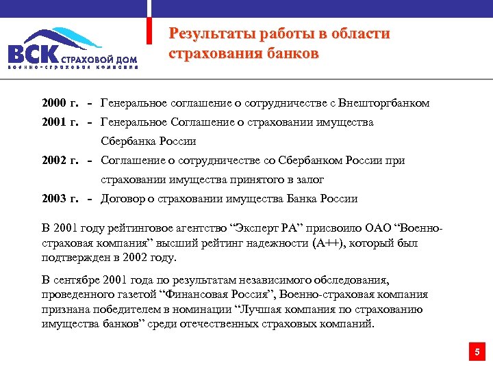 Результаты работы в области страхования банков 2000 г. - Генеральное соглашение о сотрудничестве с