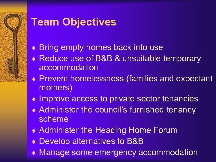 Team Objectives ¨ Bring empty homes back into use ¨ Reduce use of B&B