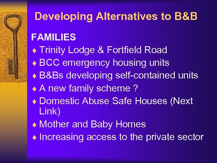 Developing Alternatives to B&B FAMILIES ¨ Trinity Lodge & Fortfield Road ¨ BCC emergency