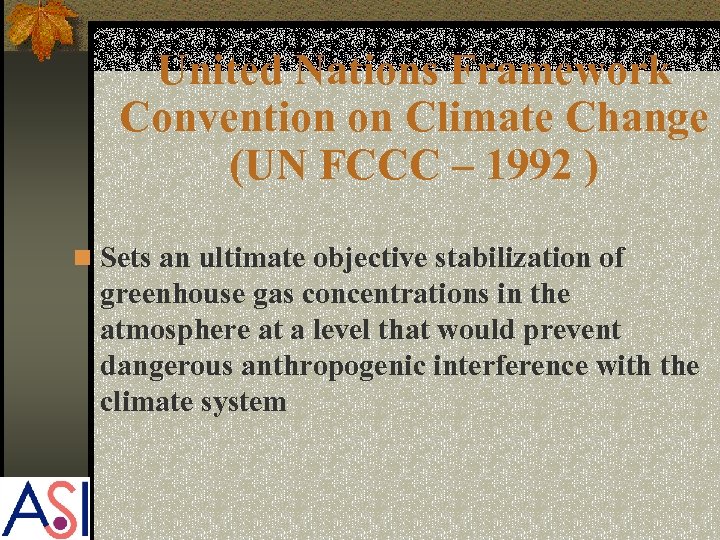 United Nations Framework Convention on Climate Change (UN FCCC – 1992 ) n Sets