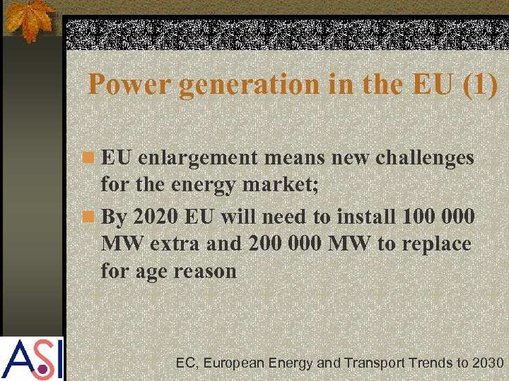 Power generation in the EU (1) n EU enlargement means new challenges for the