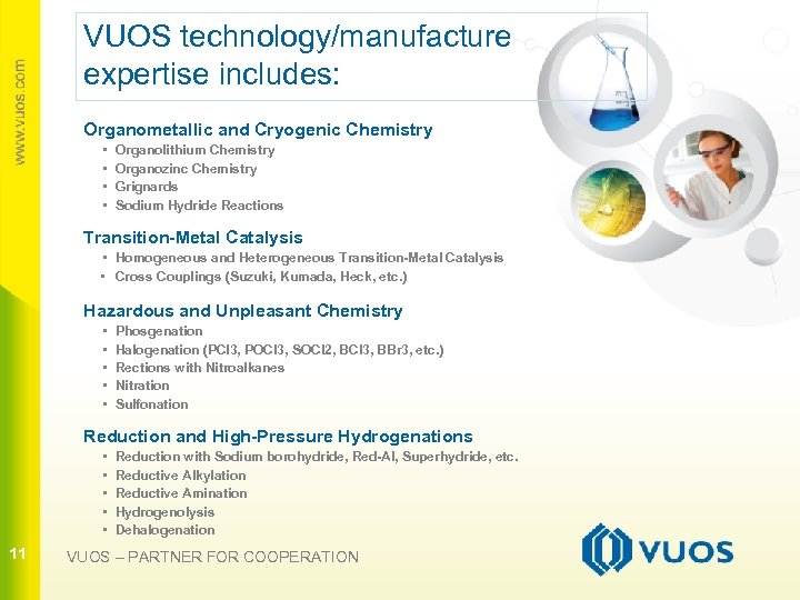 VUOS technology/manufacture expertise includes: Organometallic and Cryogenic Chemistry • • Organolithium Chemistry Organozinc Chemistry