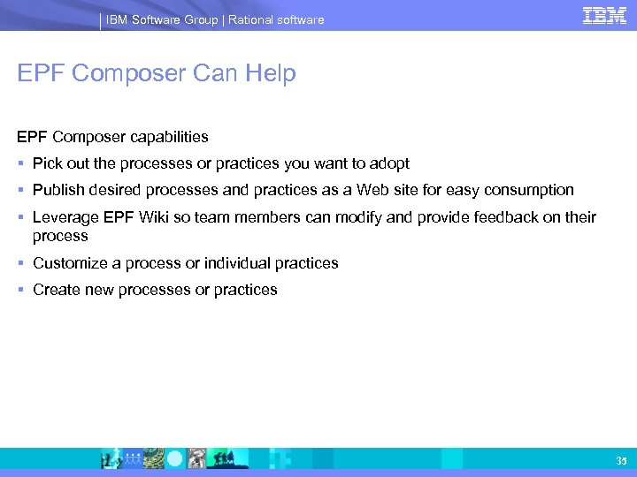 IBM Software Group | Rational software EPF Composer Can Help EPF Composer capabilities §
