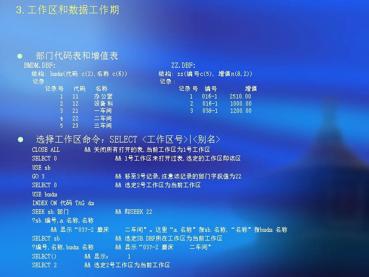 3. 作区和数据 作期 l 部门代码表和增值表 BMDM. DBF: 结 构: bmdm(代码 c(2), 名称 c(6)) 记录