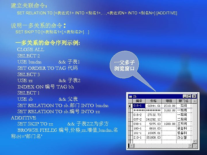 建立关联命令： SET RELATION TO [<表达式 1> INTO <别名1>, …, <表达式N> INTO <别名N>] [ADDITIVE] ：
