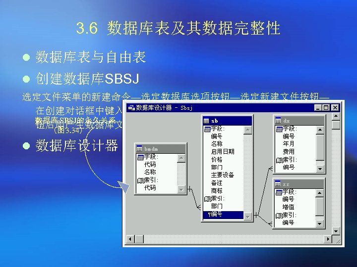 3. 6 数据库表及其数据完整性 l 数据库表与自由表 l 创建数据库SBSJ 选定文件菜单的新建命令—选定数据库选项按钮—选定新建文件按钮— 在创建对话框中键入数据库名: SBSJ(扩展名允许省略) —选定保存按 数据库 SBSJ的永久关系 钮后即产生数据库文件SBSJ.