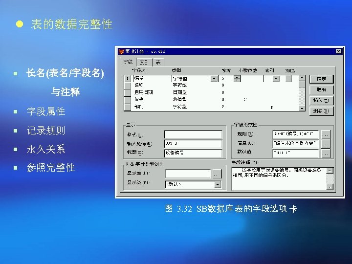 l 表的数据完整性 ¡ 长名(表名/字段名) 与注释 ¡ 字段属性 ¡ 记录规则 ¡ 永久关系 ¡ 参照完整性 图