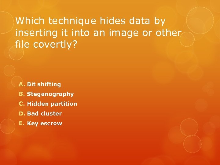 Which technique hides data by inserting it into an image or other file covertly?