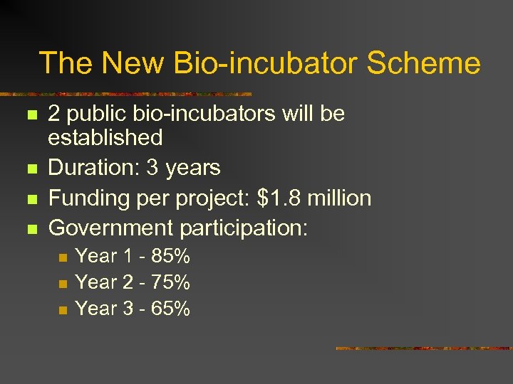 The New Bio-incubator Scheme n n 2 public bio-incubators will be established Duration: 3