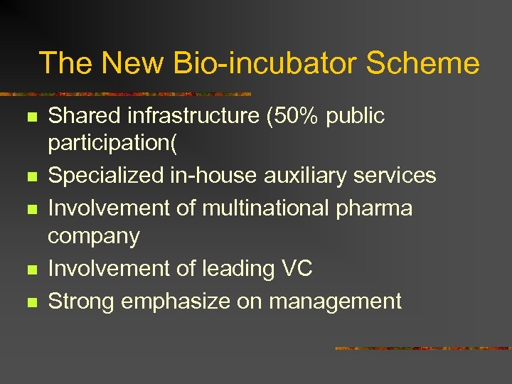 The New Bio-incubator Scheme n n n Shared infrastructure (50% public participation( Specialized in-house