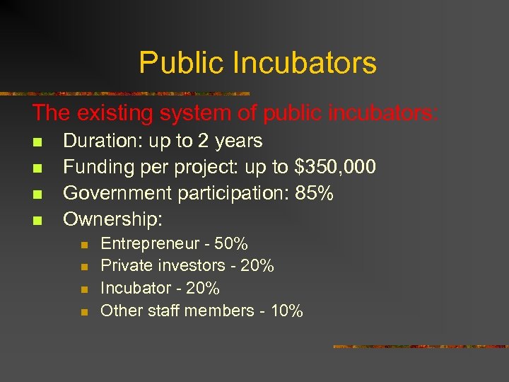 Public Incubators The existing system of public incubators: n n Duration: up to 2