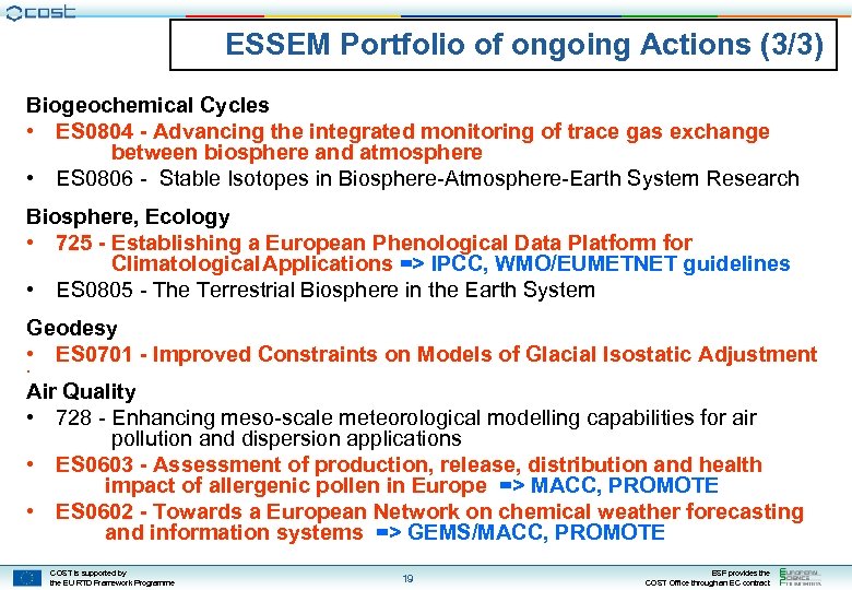 ESSEM Portfolio of ongoing Actions (3/3) Biogeochemical Cycles • ES 0804 - Advancing the