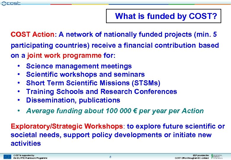 What is funded by COST? COST Action: A network of nationally funded projects (min.