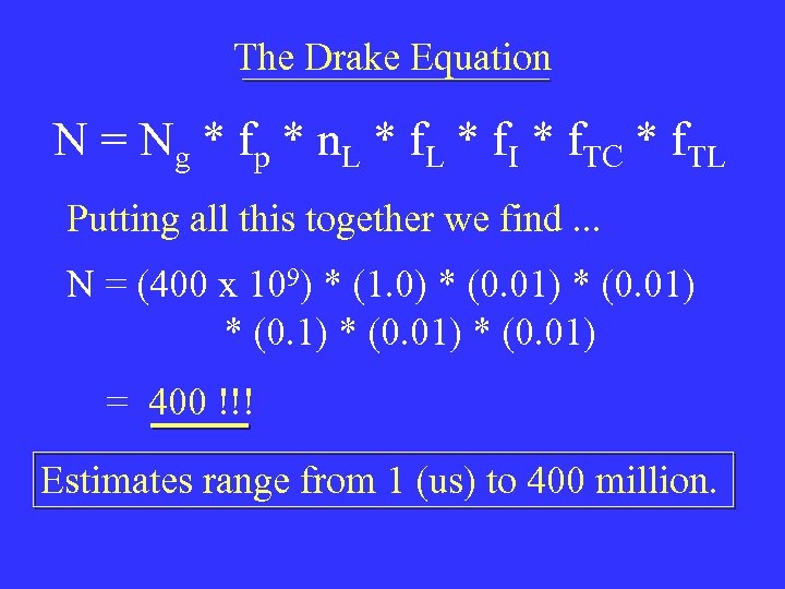 The Drake Equation N = Ng * fp * n. L * f. I
