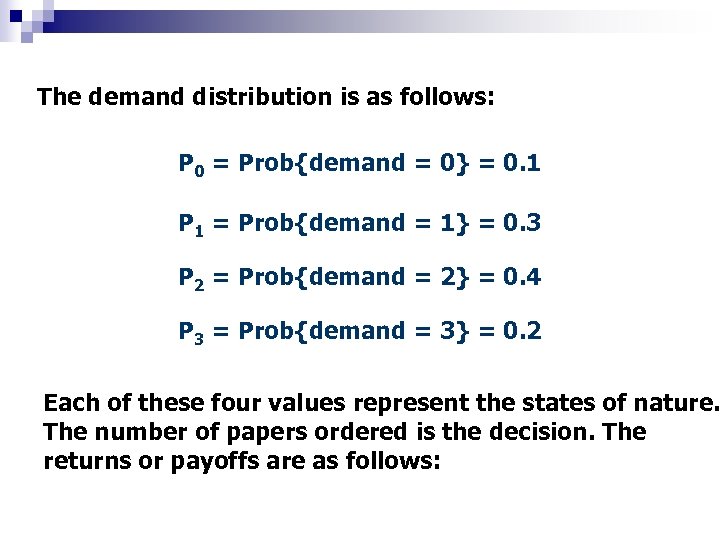 The demand distribution is as follows: P 0 = Prob{demand = 0} = 0.