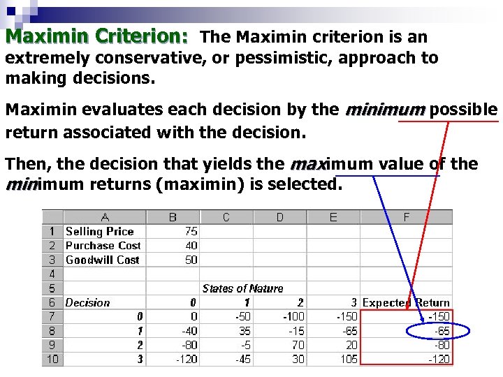 Maximin Criterion: The Maximin criterion is an extremely conservative, or pessimistic, approach to making