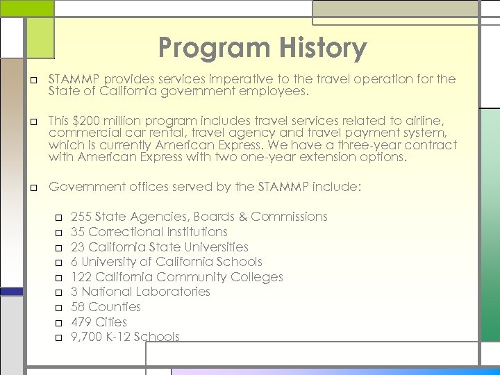 Program History □ STAMMP provides services imperative to the travel operation for the State