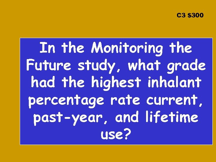 C 3 $300 In the Monitoring the Future study, what grade had the highest
