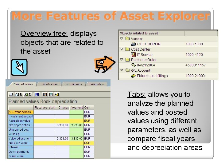 More Features of Asset Explorer Overview tree: displays objects that are related to the