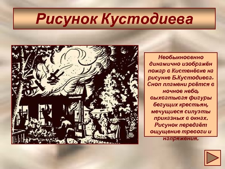 Рисунок Кустодиева Необыкновенно динамично изображён пожар в Кистенёвке на рисунке Б. Кустодиева. Сноп пламени