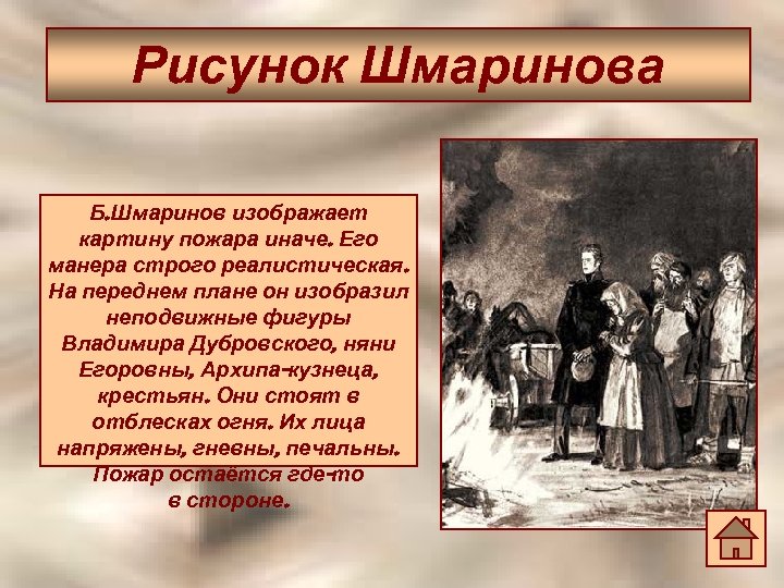 Рисунок Шмаринова Б. Шмаринов изображает картину пожара иначе. Его манера строго реалистическая. На переднем