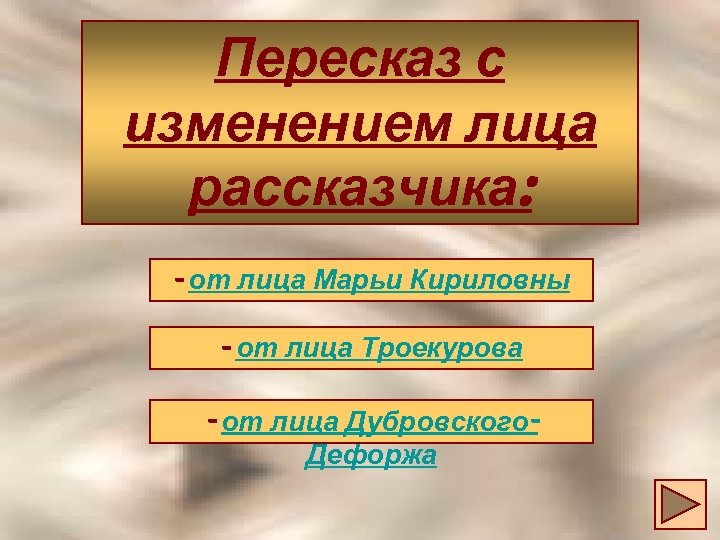 Пересказ с изменением лица рассказчика: - от лица Марьи Кириловны - от лица Троекурова