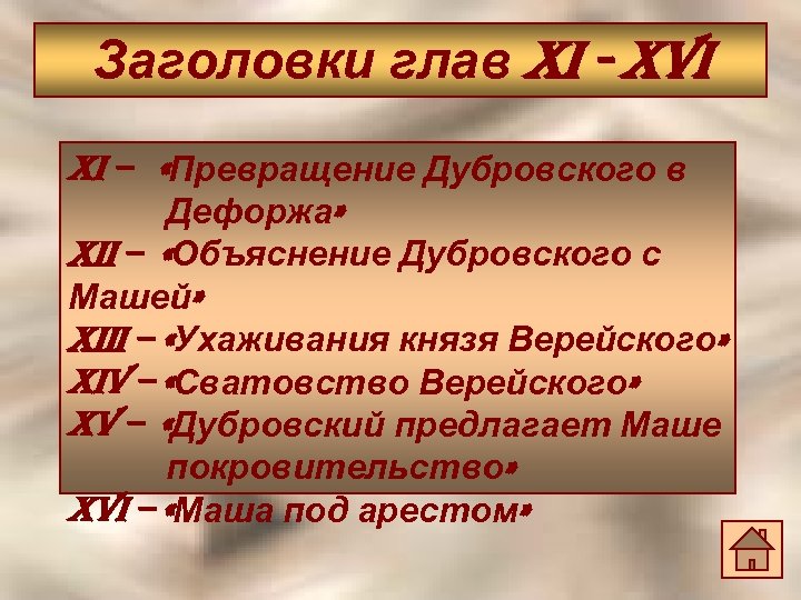 Заголовки глав Xi - XVi Xi – «Превращение Дубровского в Дефоржа» Xii – «Объяснение