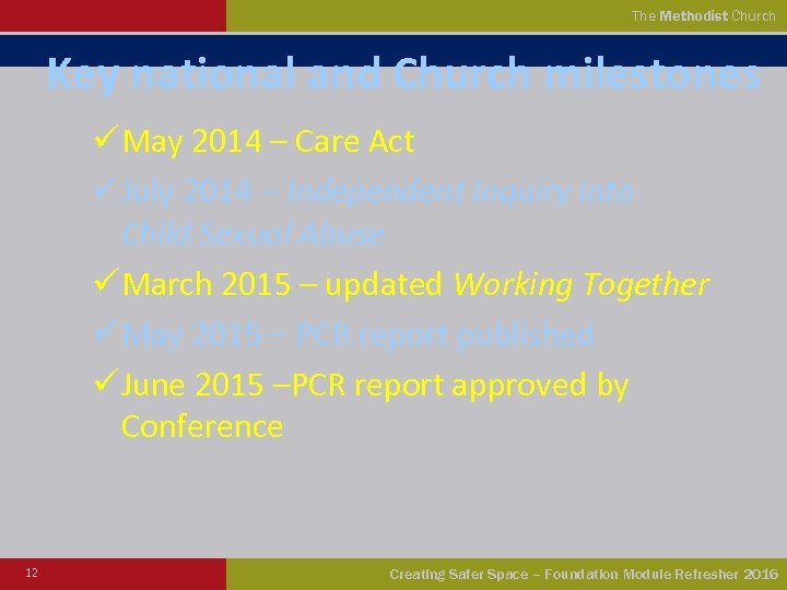 The Methodist Church Key national and Church milestones ü May 2014 – Care Act